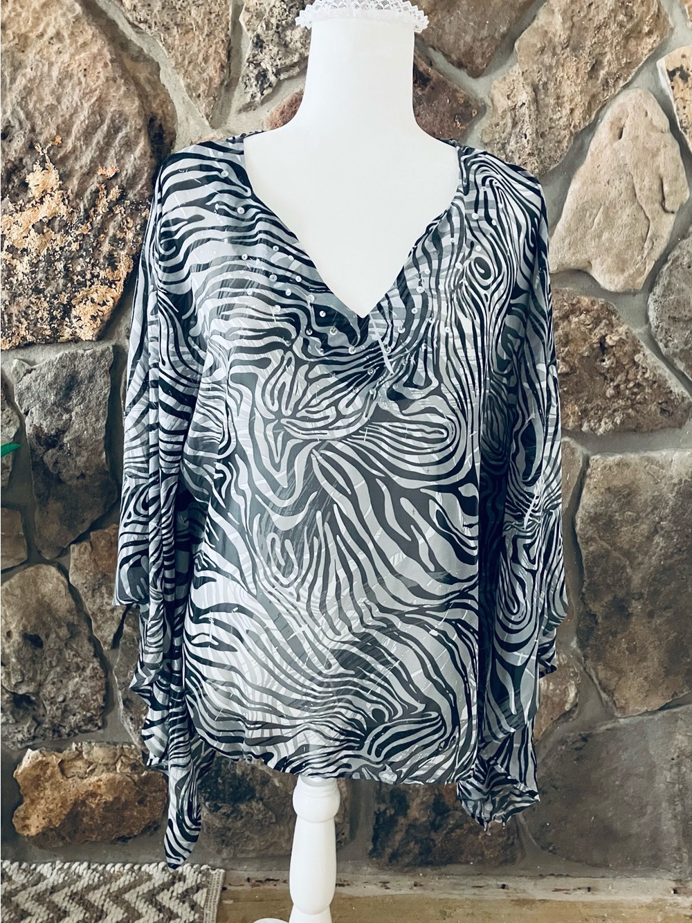 George Black & White Zebra-Print Sheer Blouse